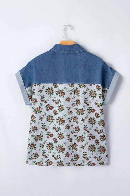 Retro Floral Print Denim Patchwork Buttoned Polo Collar Top