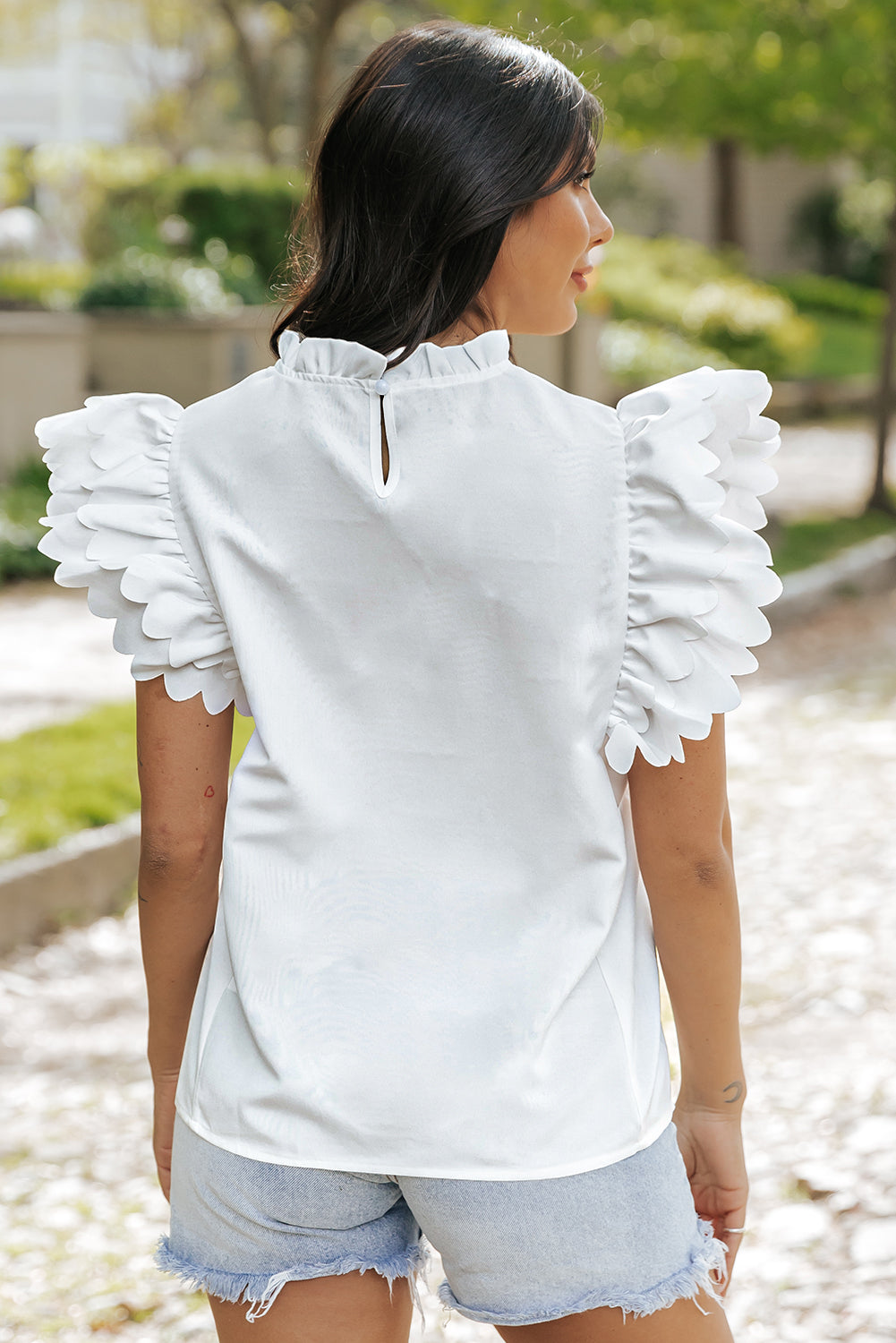 Solid Color Scalloped Ruffle Sleeve Top