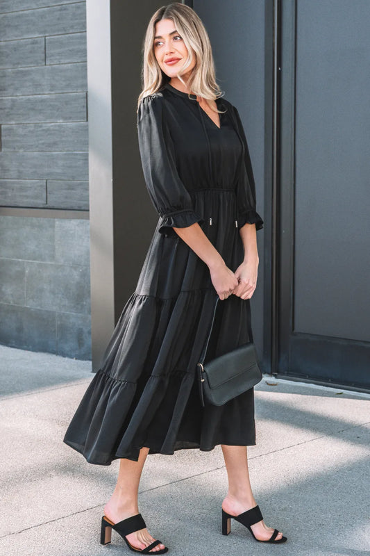 Black Flounced Bracelet Sleeve V Neck Tiered Maxi Dress