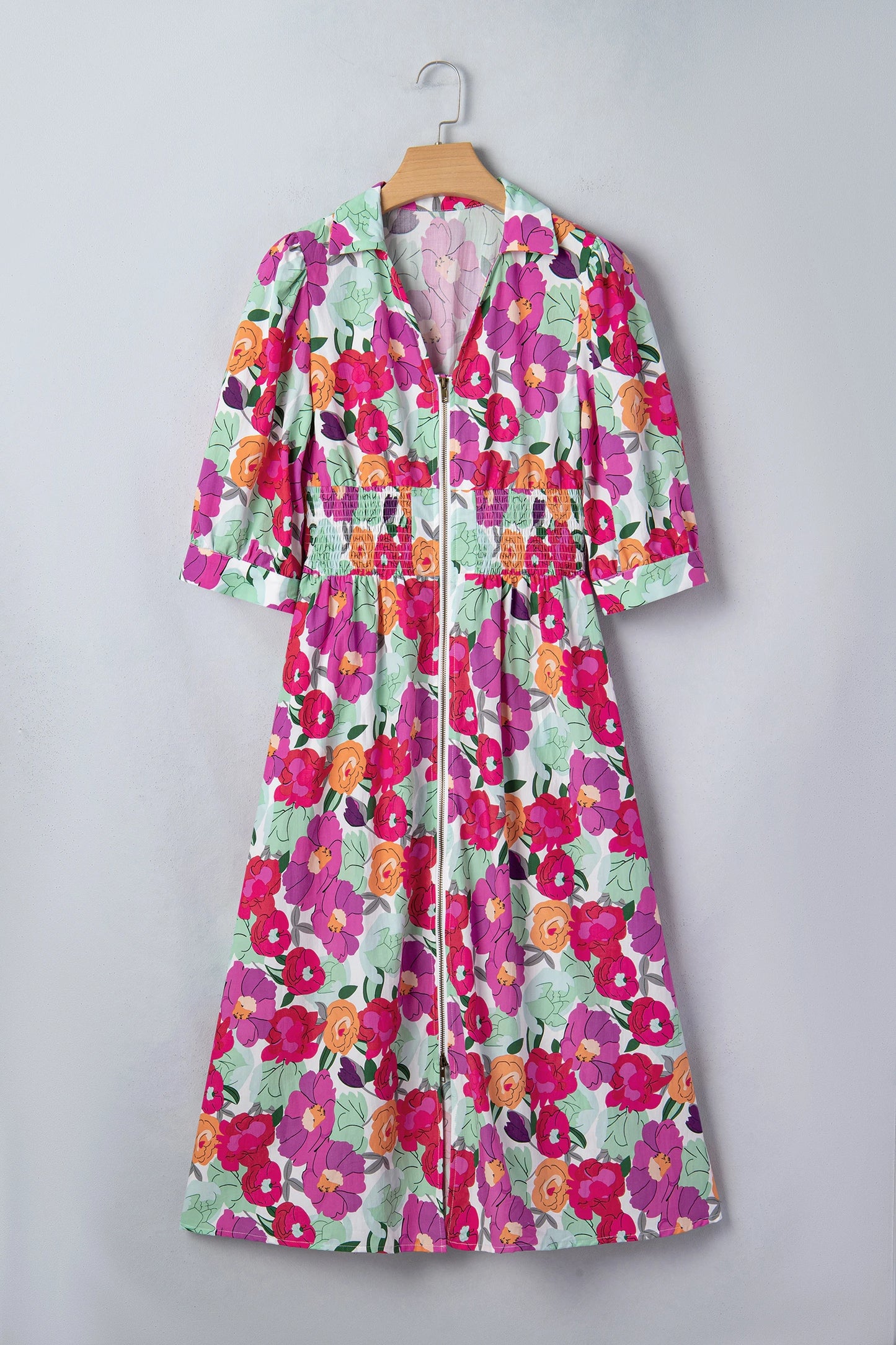 Rose Vibrant Floral Print V Neck Zip Up Puffy Half Sleeve Dress