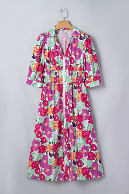 Rose Vibrant Floral Print V Neck Zip Up Puffy Half Sleeve Dress