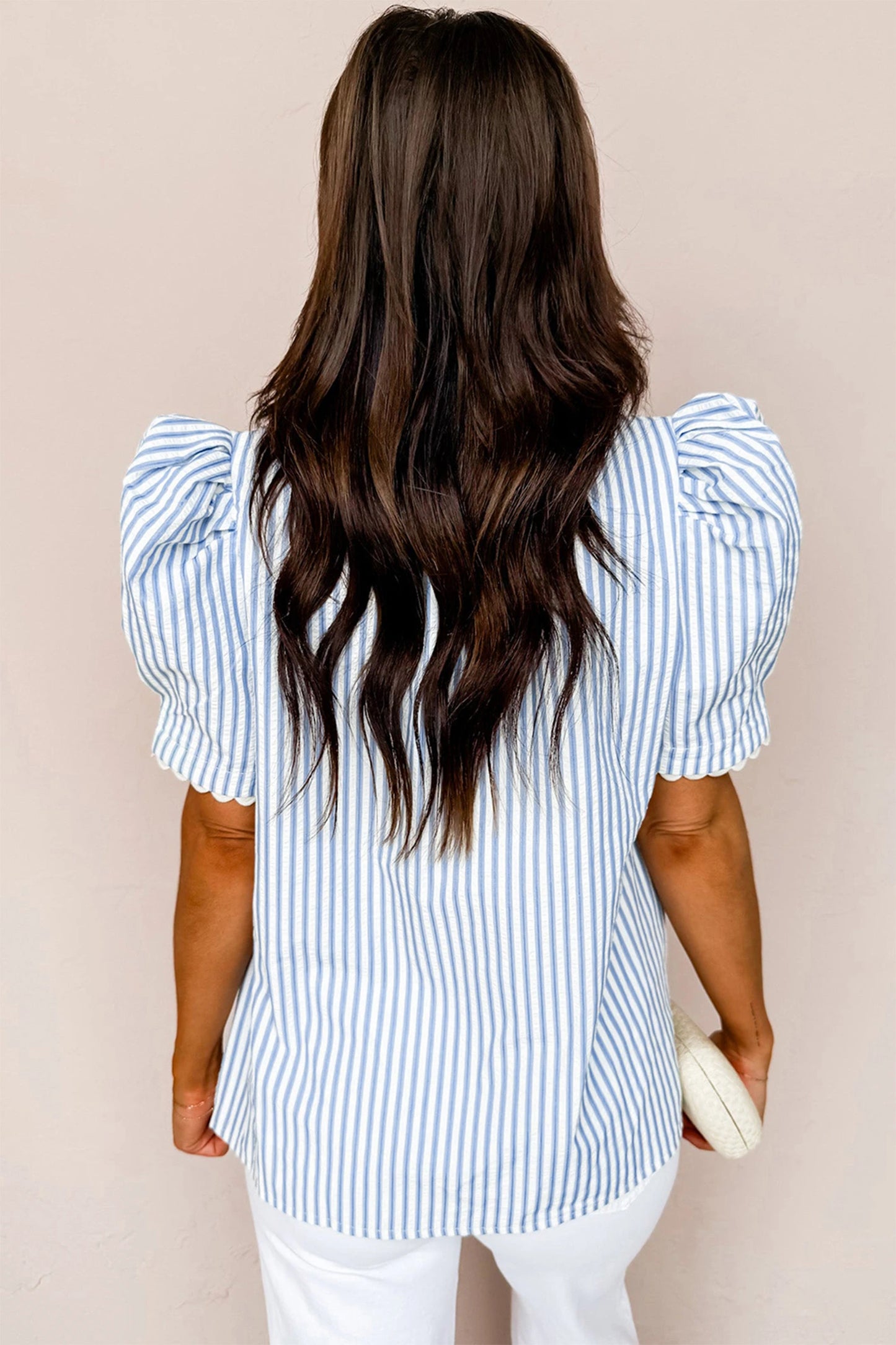 Stripe Ricrac Trim Short Puff Sleeve Leopard Patchwork Collar V Neck Blouse