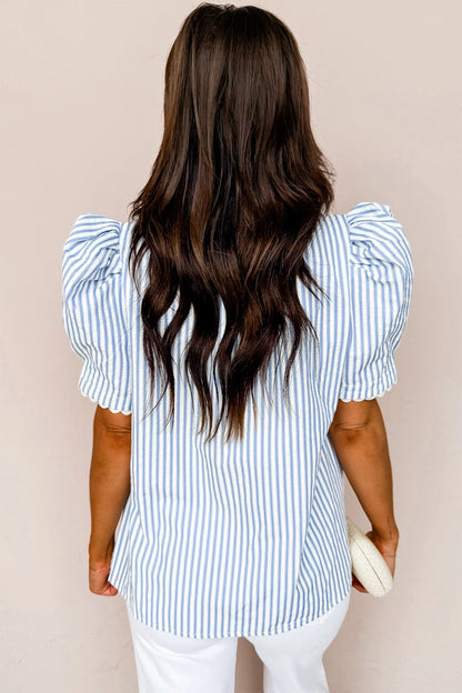 Stripe Ricrac Trim Short Puff Sleeve Leopard Patchwork Collar V Neck Blouse