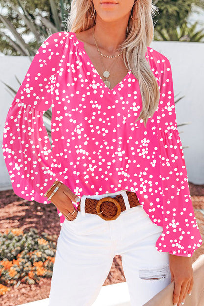 Print V Neck Long Puff Sleeve Top