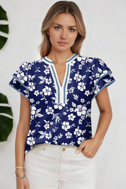 Floral Print Contrast Trim Split Neck Double Ruffle Short Sleeve Blouse