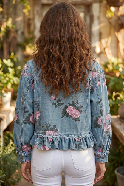Sky Blue Floral Print Raw Seam Ruffle Hem Denim Jacket