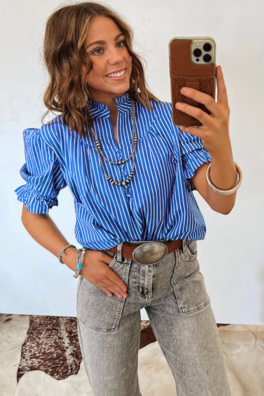 Stripe Ruffled Short Puff Sleeve Button Front Blouse