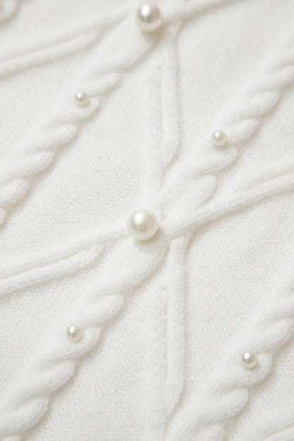 White Pearled High Neck Textured Knit Sweater Vest