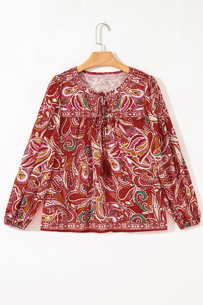 Multicolour Ethnic Paisley Print Tassel Tie Puff Sleeve Boho Blouse