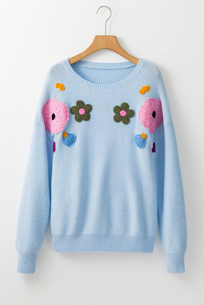Knitted Flower Pattern Ribbed Edge Sweater