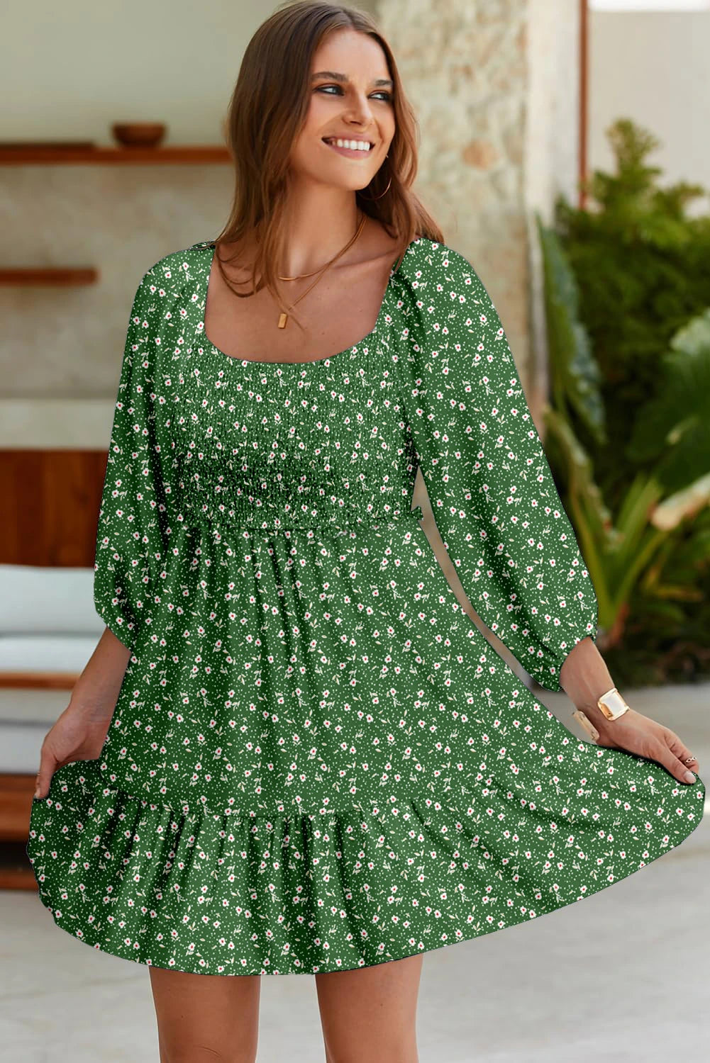 Floral 3/4 Sleeve Square Neck Smocked Mini Dress