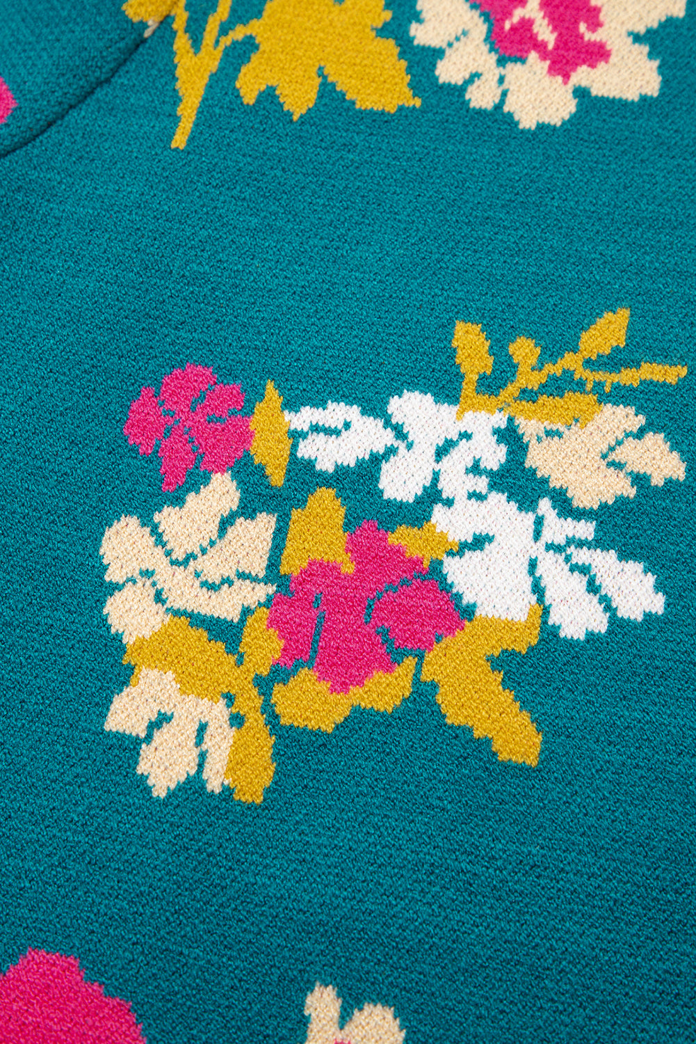 Blue Flower Pattern Mock Neck Short Sleeve Knitted T Shirt