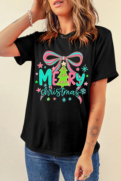 Black MERRY Christmas Vibrant Bow Print T Shirt