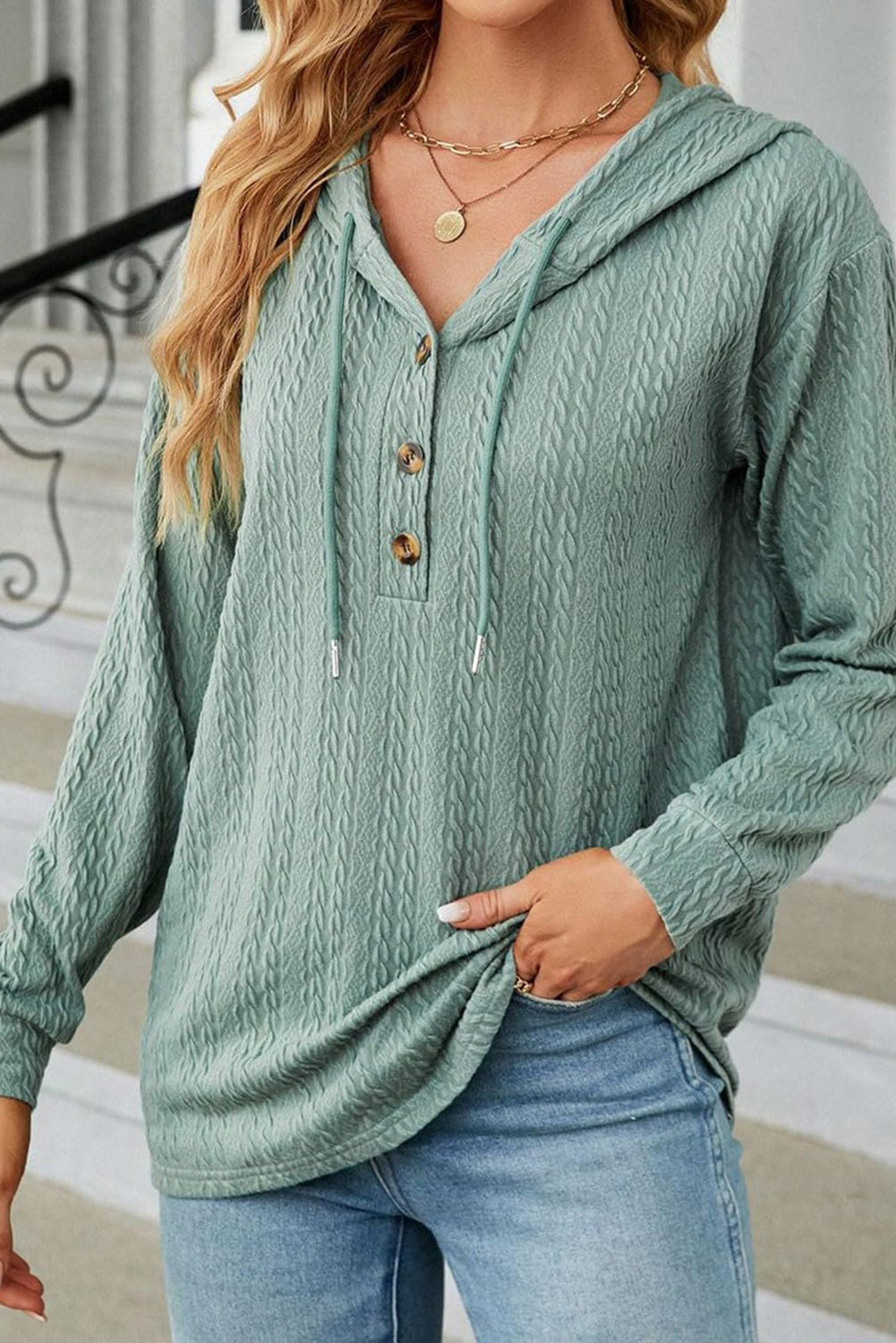 Mint Green Button Front Textured Drawstring Hooded Long Sleeve Top ...