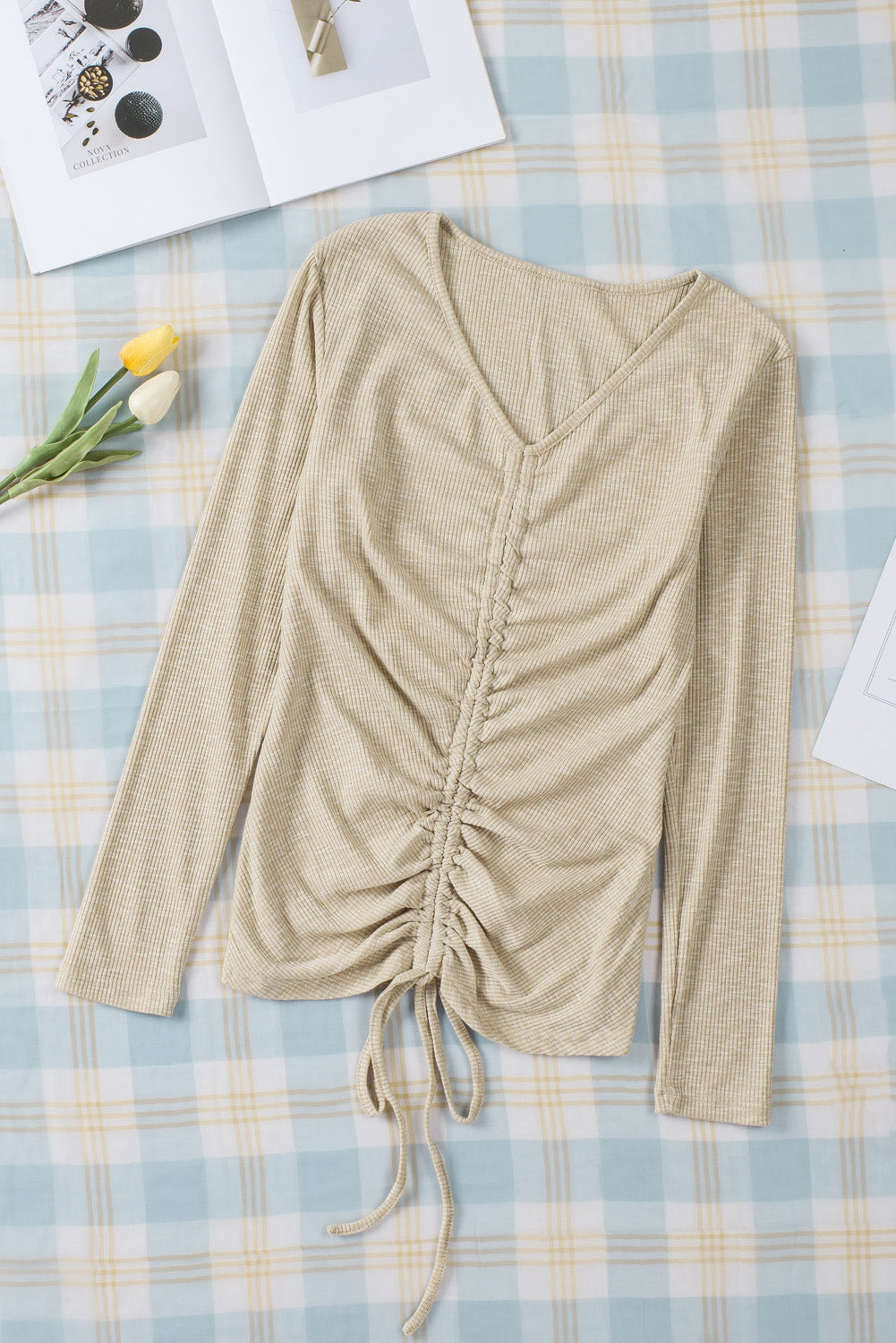 Drawstring Ruched Knit Long Sleeve Top