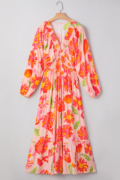 Beige Floral Print Smocked Detail V Neck Puff Sleeve Flowy Maxi Dress