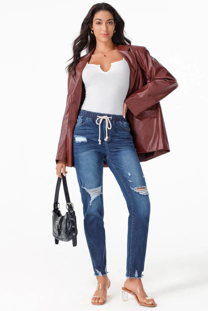 Dark Blue Elastic Waist Straight Leg Destroyed Raw Hem Jeans