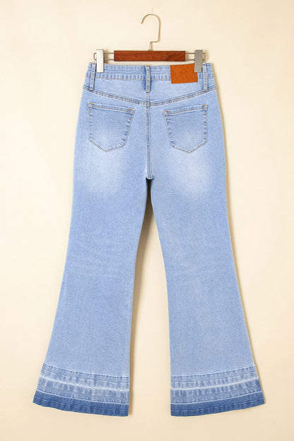 Iceland Blue Unique Hem Design Elastic Waist Flare Leg Jeans