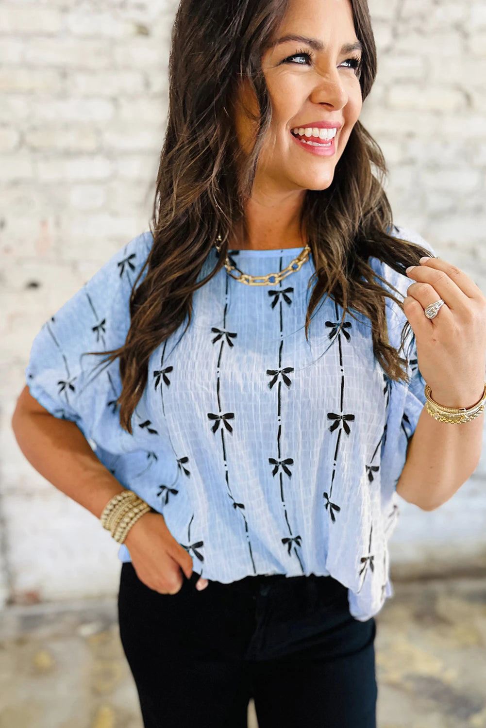 Beau Blue Bow Print Puff Short Sleeve Top