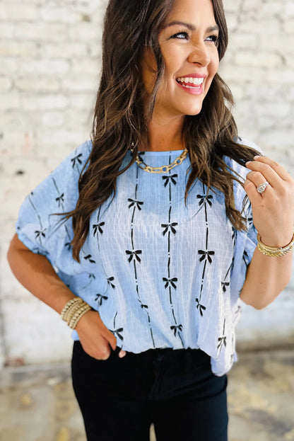Beau Blue Bow Print Puff Short Sleeve Top