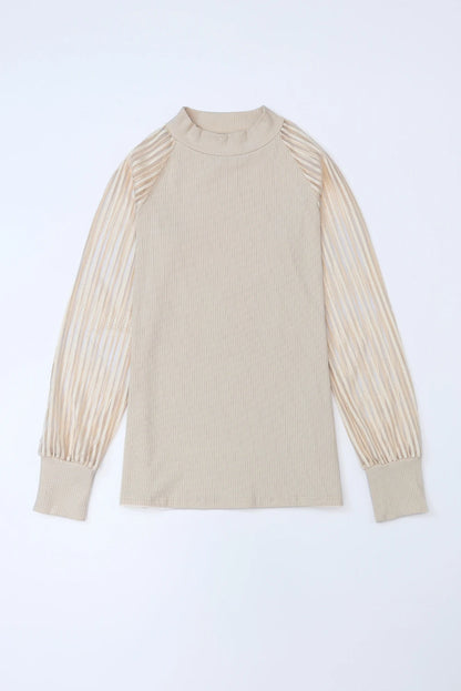 Striped Mesh Long Sleeve Crewneck Ribbed Top