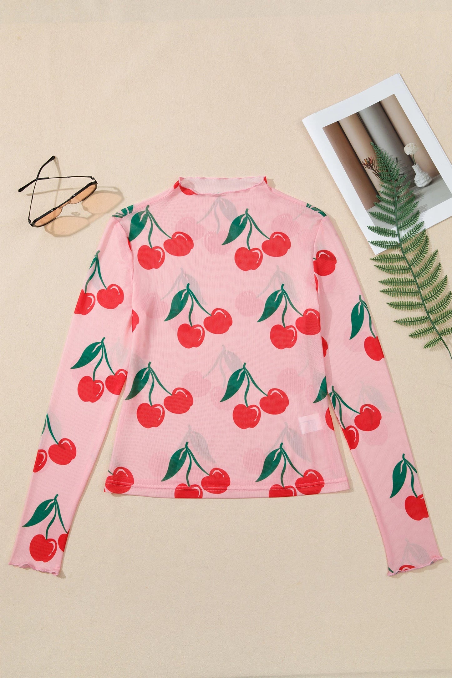 Pink Cherry Print Lettuce Trim Long Sleeve Mesh Top