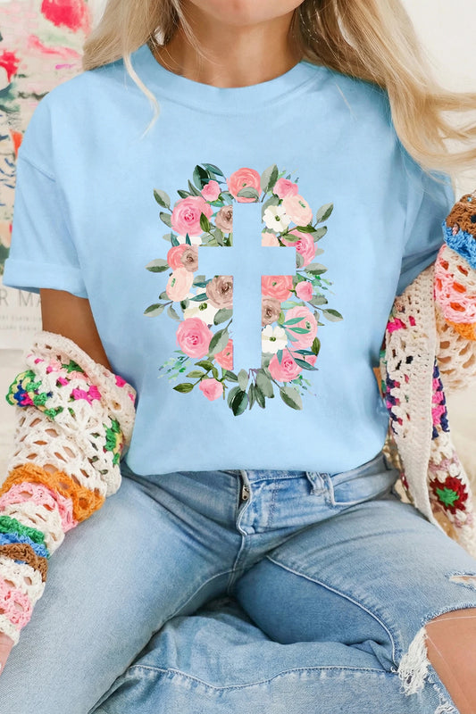 Light Blue Floral Printed Faith Easter Graphic Tee