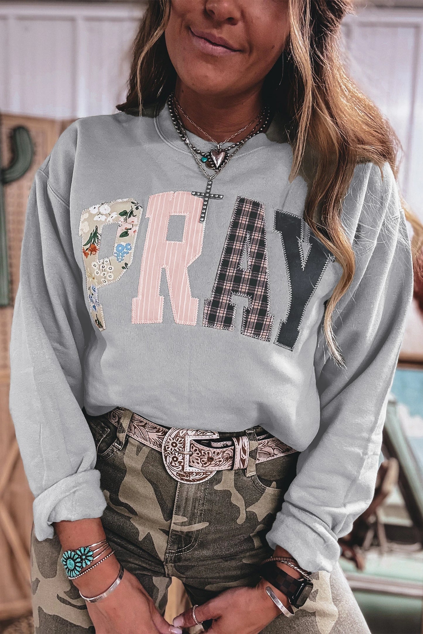 Floral Buffalo Plaid Striped Embroidered Patch Western Pullover Sweatshirt