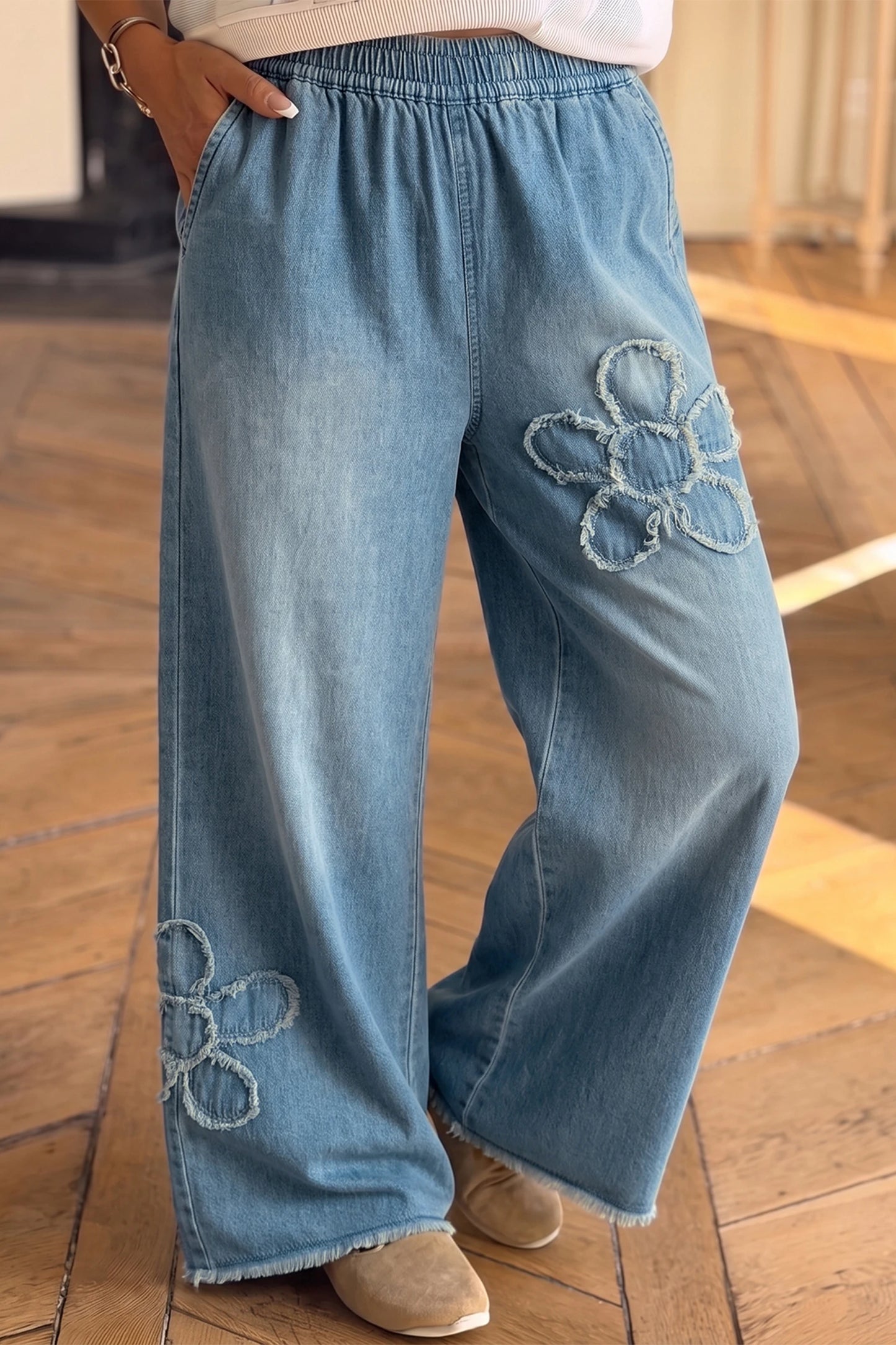 Beau Blue Frayed Floral Patch Wide Leg Raw Hem Wide Leg Jeans