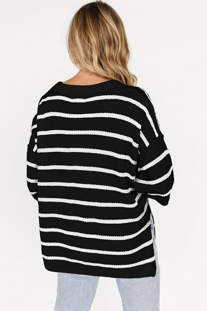 Stripe Henley Buttoned Placket Drop Shoulder Bracelet Sleeve Knit Sweater Tee