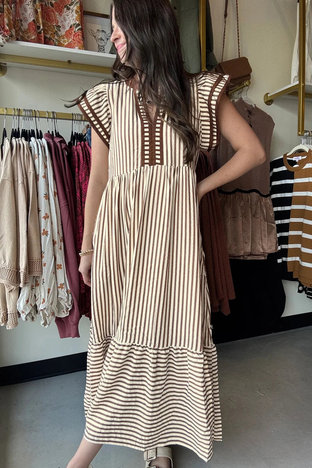 Brown Stripe Double Ruffled Short Sleeve Contrast Trim V Neck Midi Dress