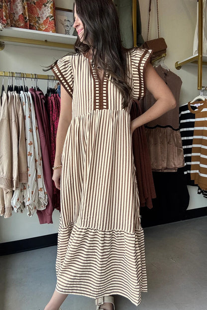 Brown Stripe Double Ruffled Short Sleeve Contrast Trim V Neck Midi Dress