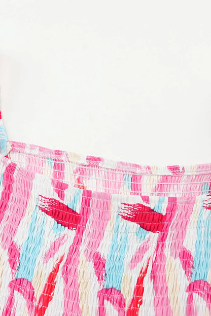 Pink Brush Stroke Printed Smocked Ruffle Tiered Dress