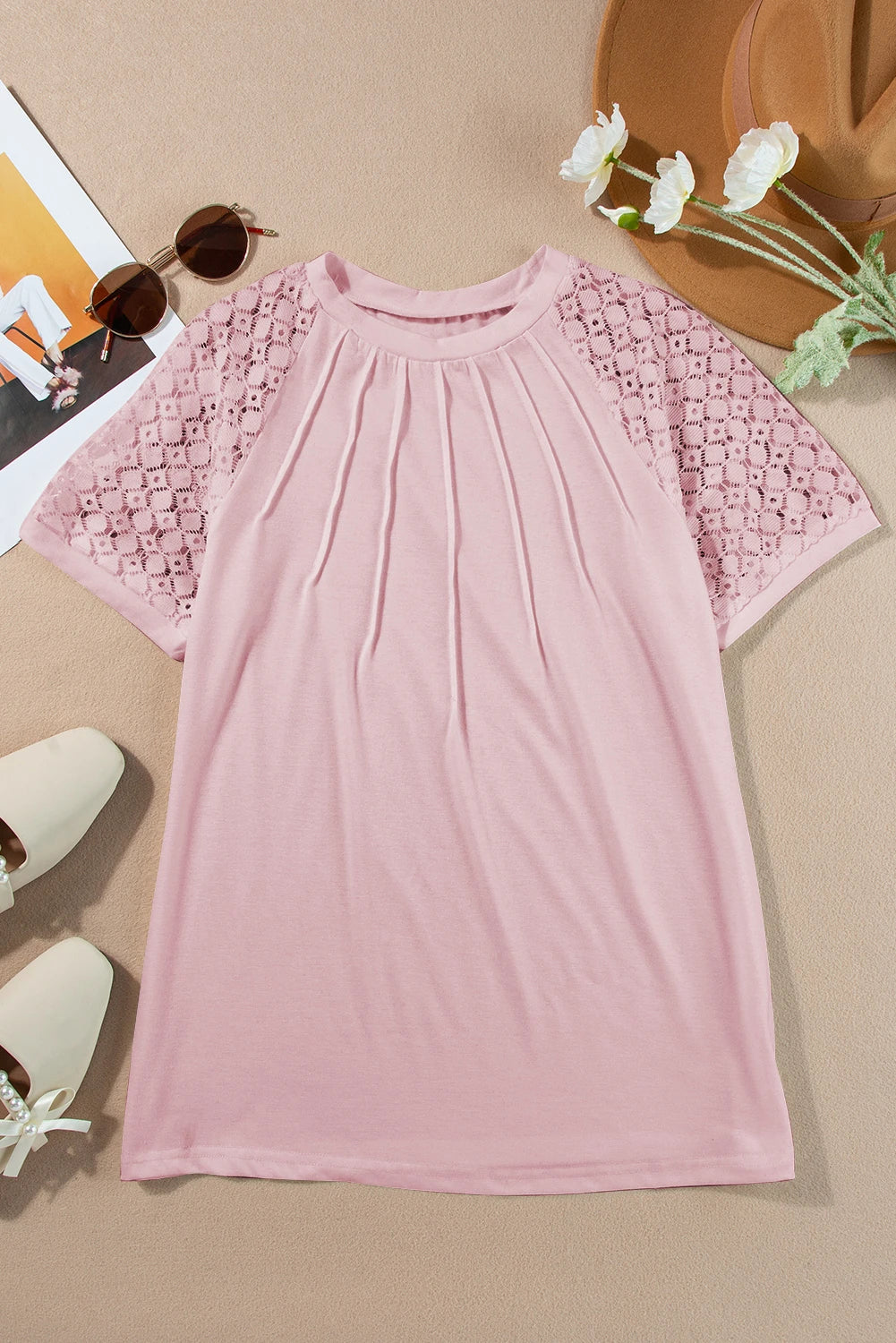 Pink Seamed Detail Contrast Lace Raglan Sleeve Tee