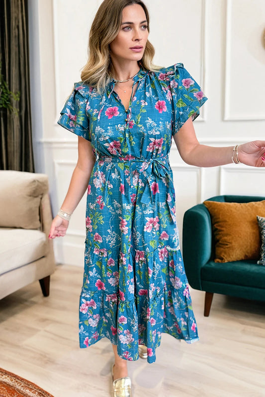 Blue Floral Flutter Sleeve Button Tie Split Neck Belted Long Dress