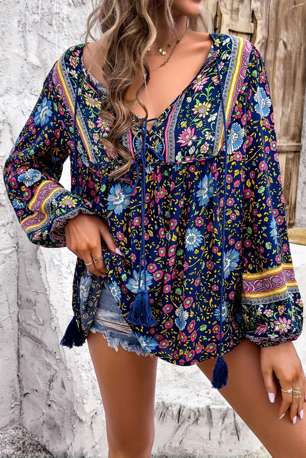 Bohemian Floral Print Tassel Tie Front Long Sleeve Blouse