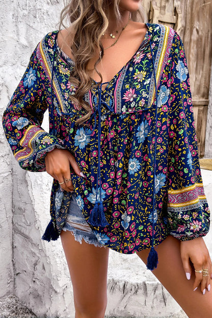 Bohemian Floral Print Tassel Tie Front Long Sleeve Blouse