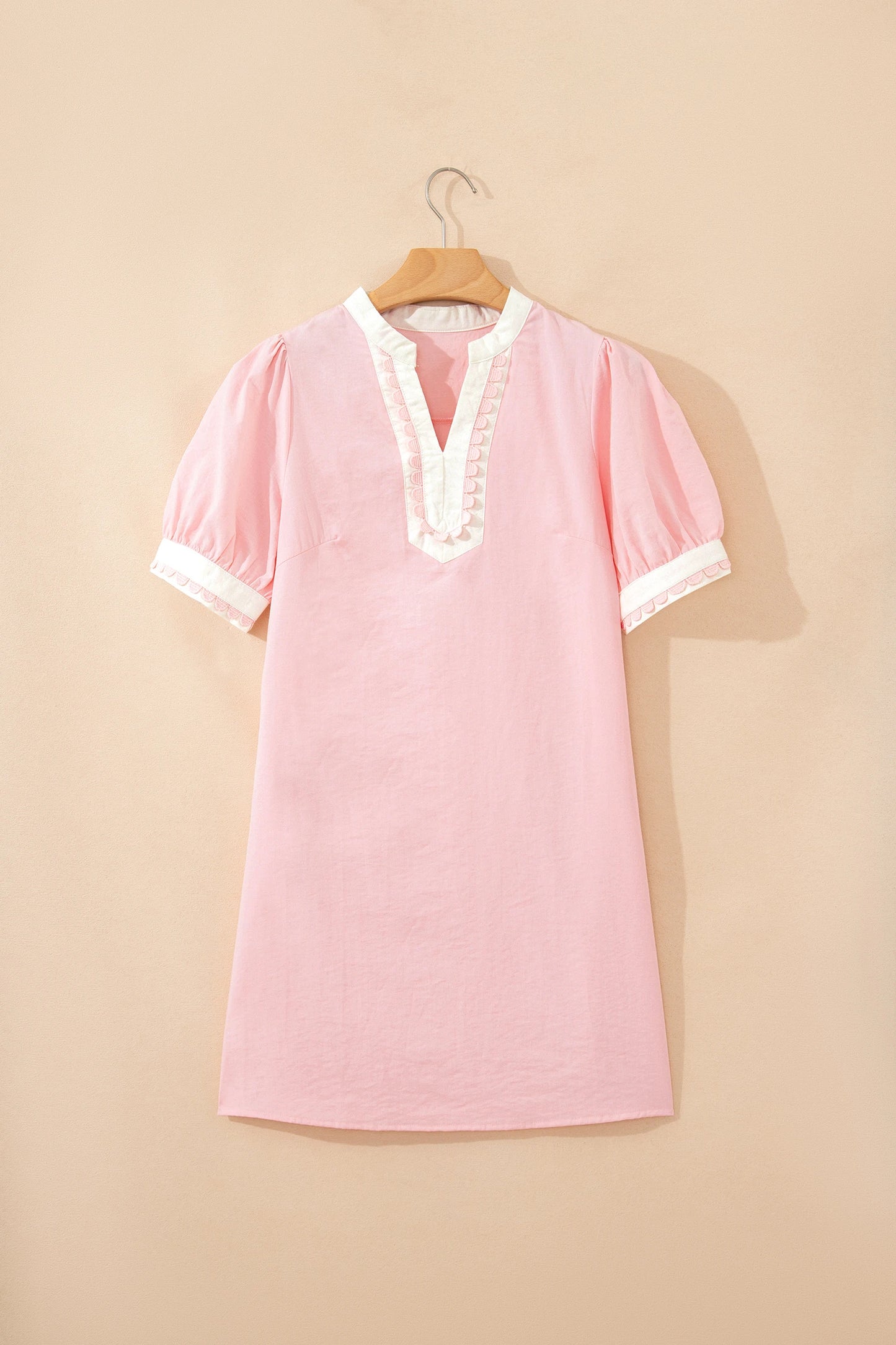 Scallop Color Block Trim Puff Sleeve Mini Dress
