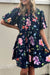 Black Floral Short Bubble Sleeve Button Mandarin Collar Dress