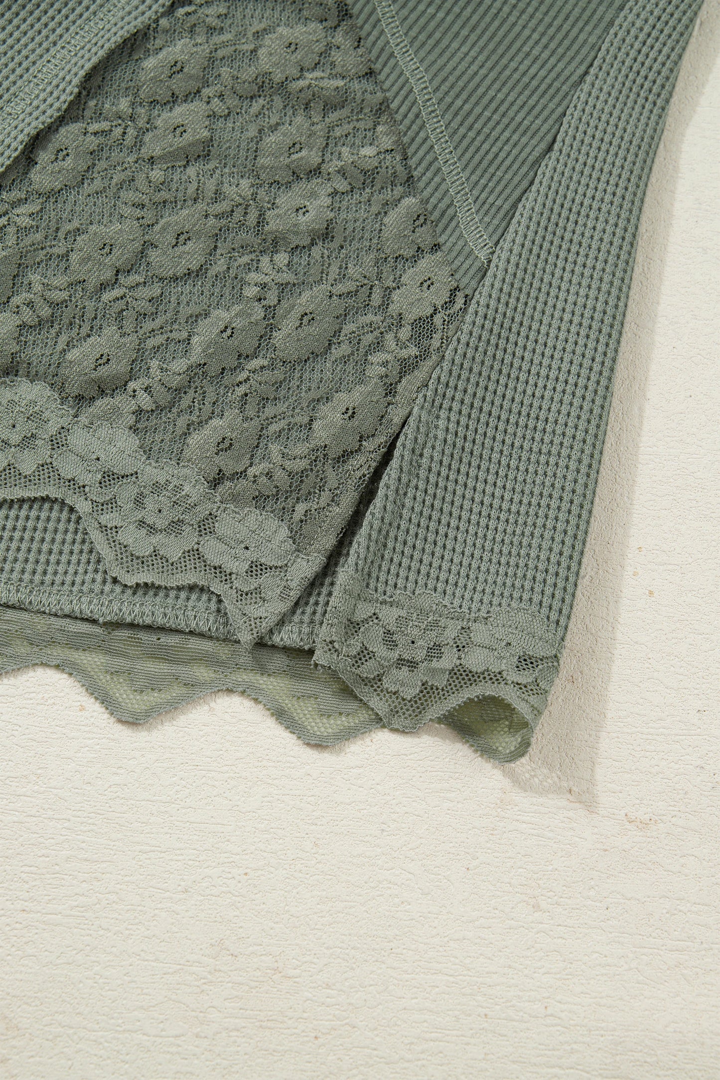 Sage Green Solid Color Waffle Ribbed Lace Patchwork Long Sleeve Top