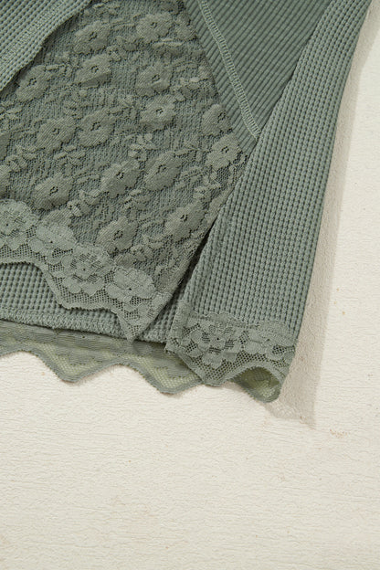 Sage Green Solid Color Waffle Ribbed Lace Patchwork Long Sleeve Top
