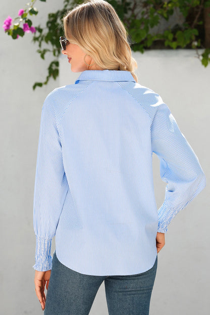 Pinstripe Long Sleeve Smocked Cuffs Button Shirt Collar Blouse