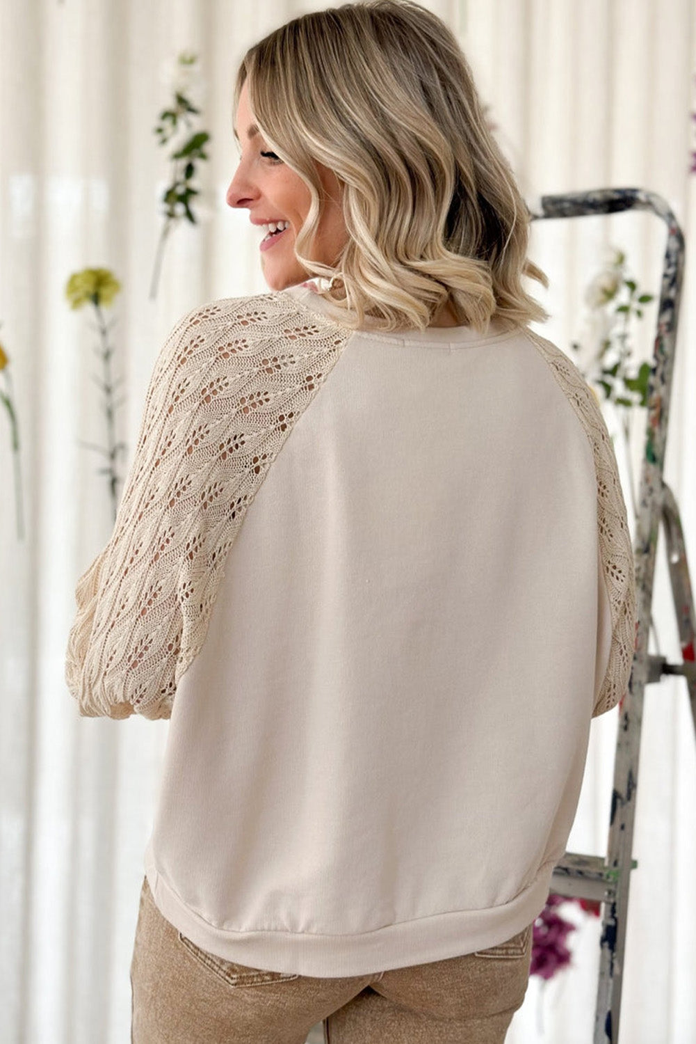 Parchment Eyelet Knit Patchwork Raglan Sleeve Pullover Top