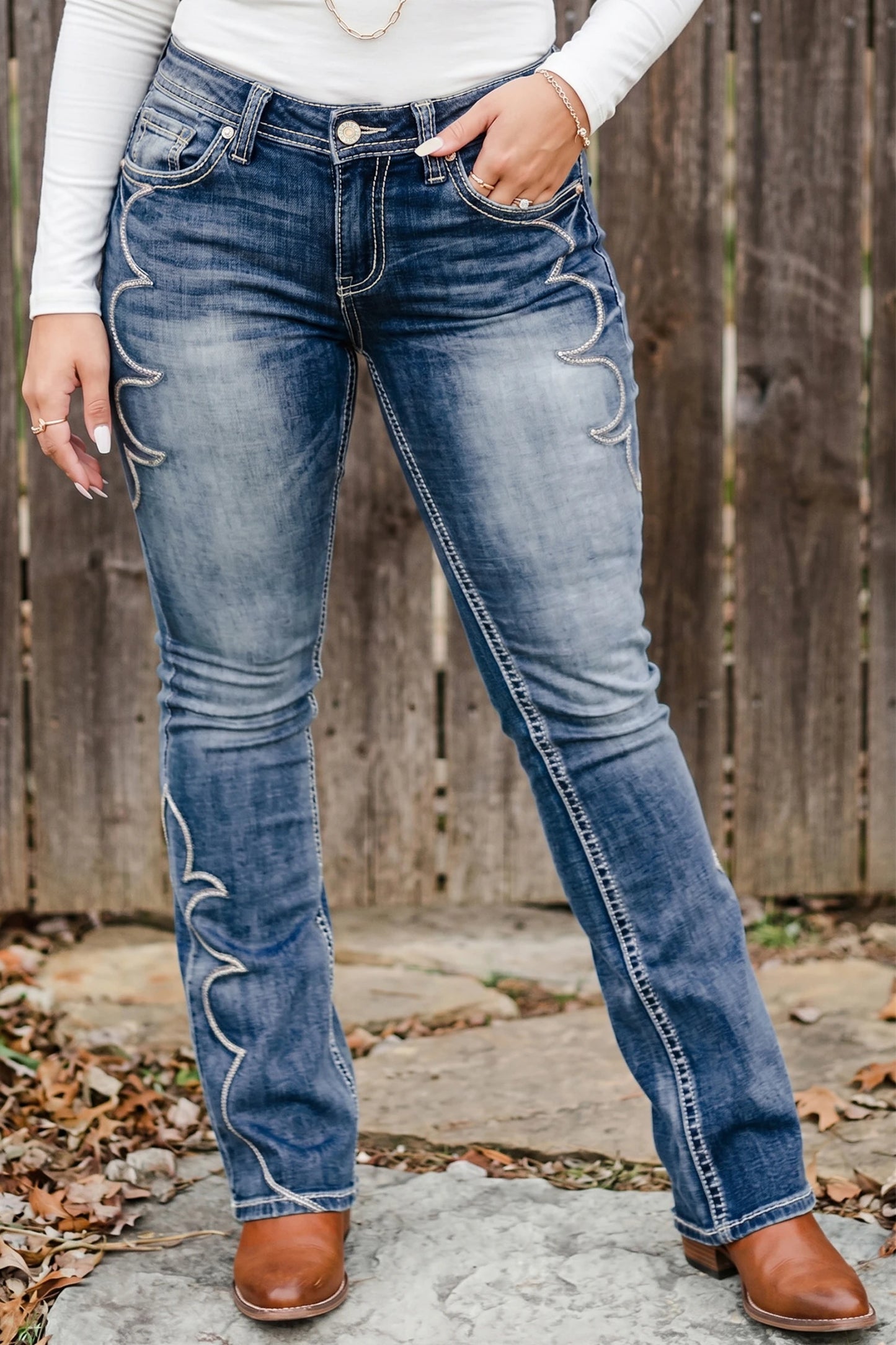 Blue Western Embroidered Flare Full Length Jeans
