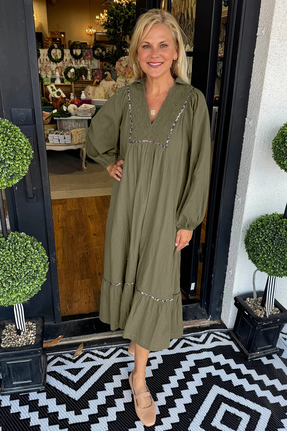 Collared V Neck Smocked Detail Contrast Leopard Trim Bracelet Sleeve Long Dress