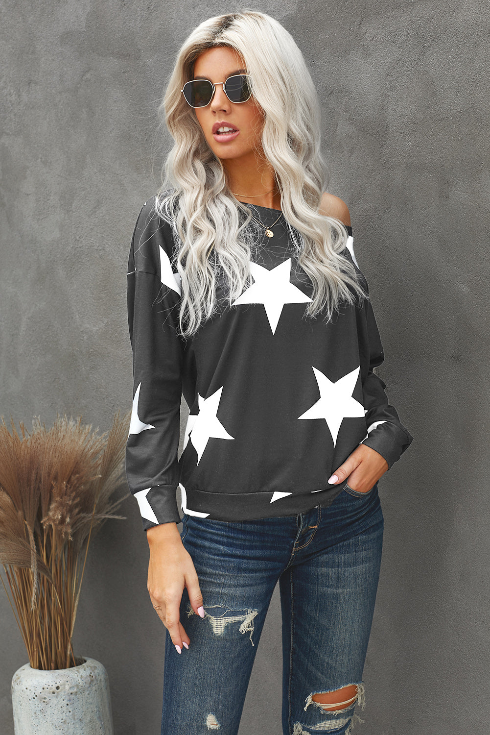Fashion Five-pointed Star Print Round Neck Gray Sweatshirt