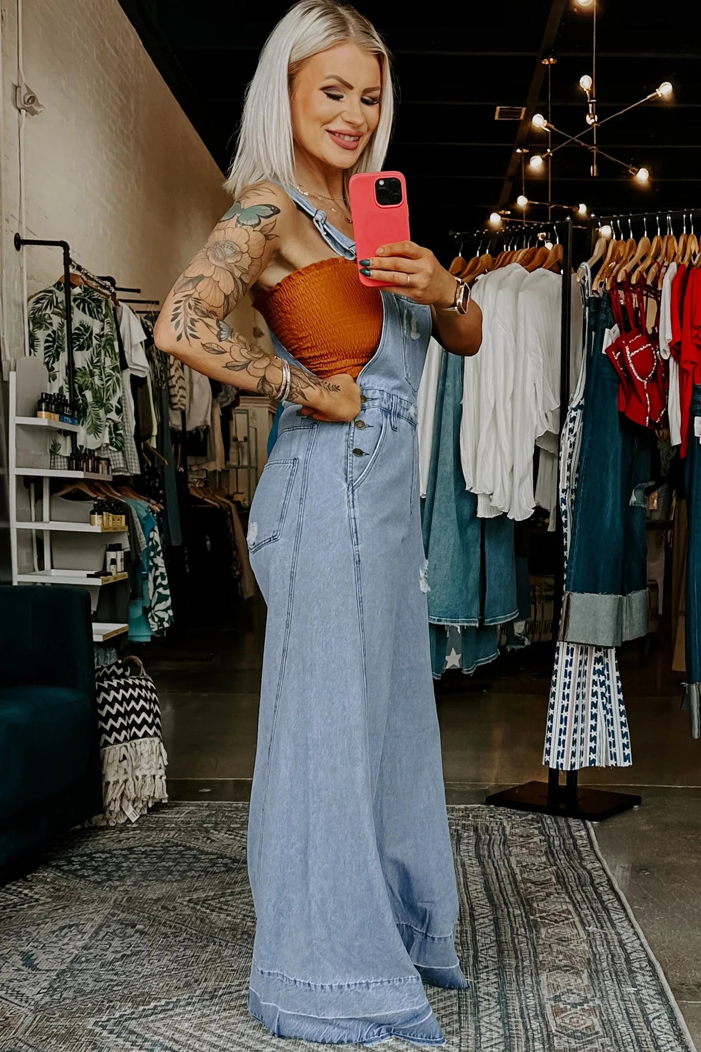 Mist Blue Retro Distressed Button Adjustable Straps Denim Overall Jumpsu