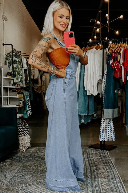 Mist Blue Retro Distressed Button Adjustable Straps Denim Overall Jumpsu
