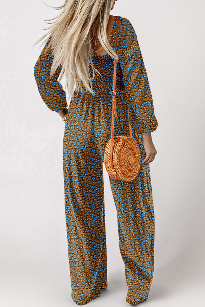 Floral Print Western Smocked Bodice Square Neck Wide Leg Jumpsuit