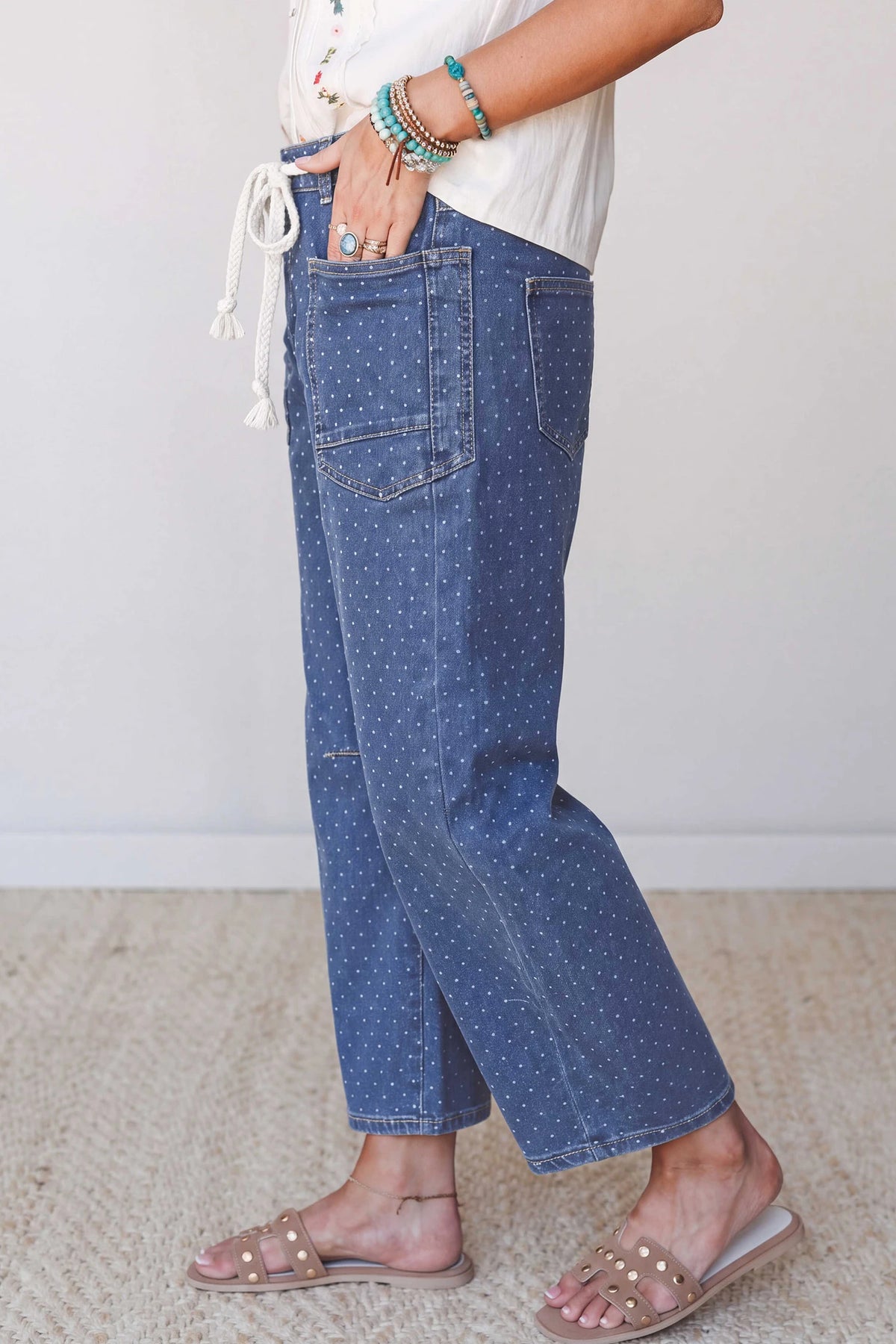 Blue Casual Polka Dot Ankle-Length Drawstring Jeans